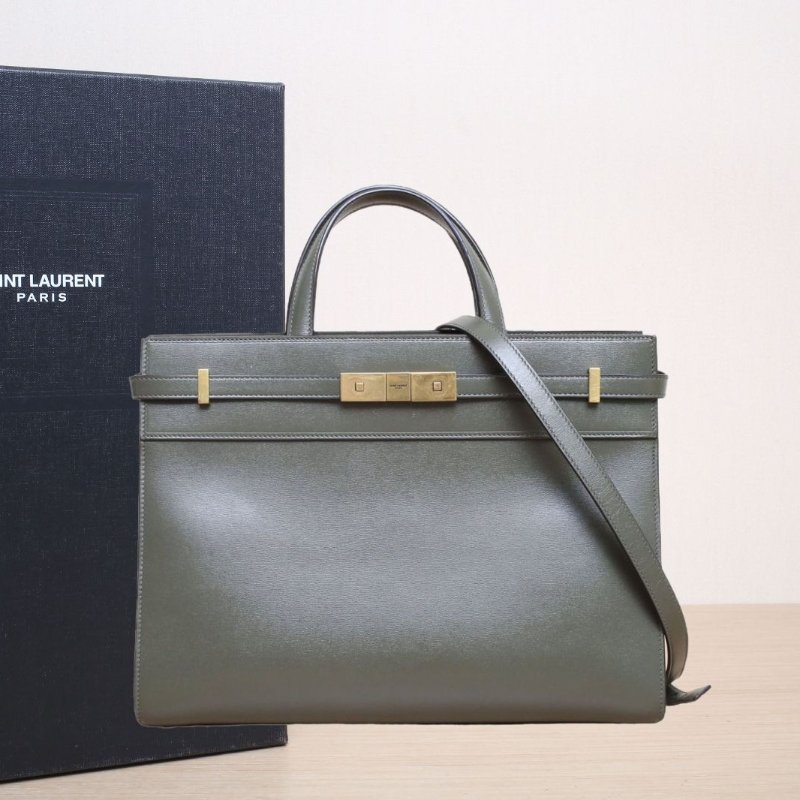 SAINT LAURENT MANHATTAN曼哈頓手柄小號綠色牛皮金扣肩背包-0