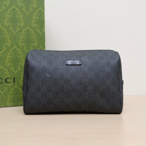 GUCCI 黑色PVCGG老花洗漱包手拿包化妝包25肩背包