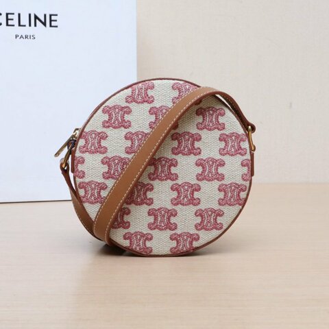 CELINE 拼色牛皮帆布Triomphe凱旋門標誌印花圓餅包/肩背包