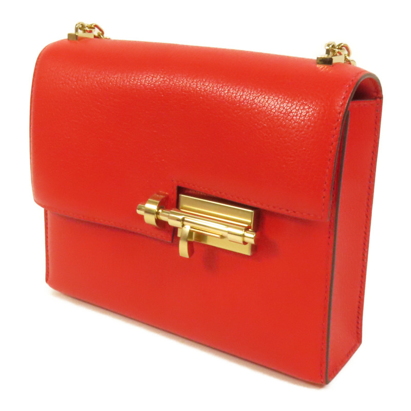 HERMES Chevre皮革Verrou Mini金扣鏈帶肩背袋Red-2