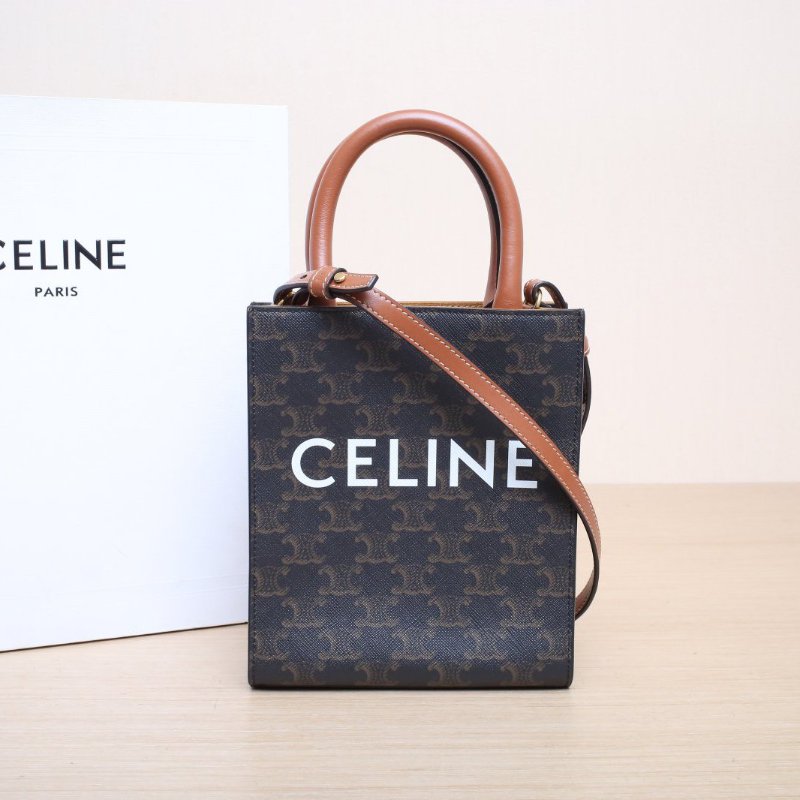 CELINE Cabas豎款手袋Mini凱旋門印花褐色人造革肩背包-0