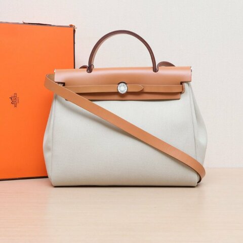 HERMES Herbag318L冰川白拼29Nature本色帆布/Hunter牛皮B刻銀扣肩背包