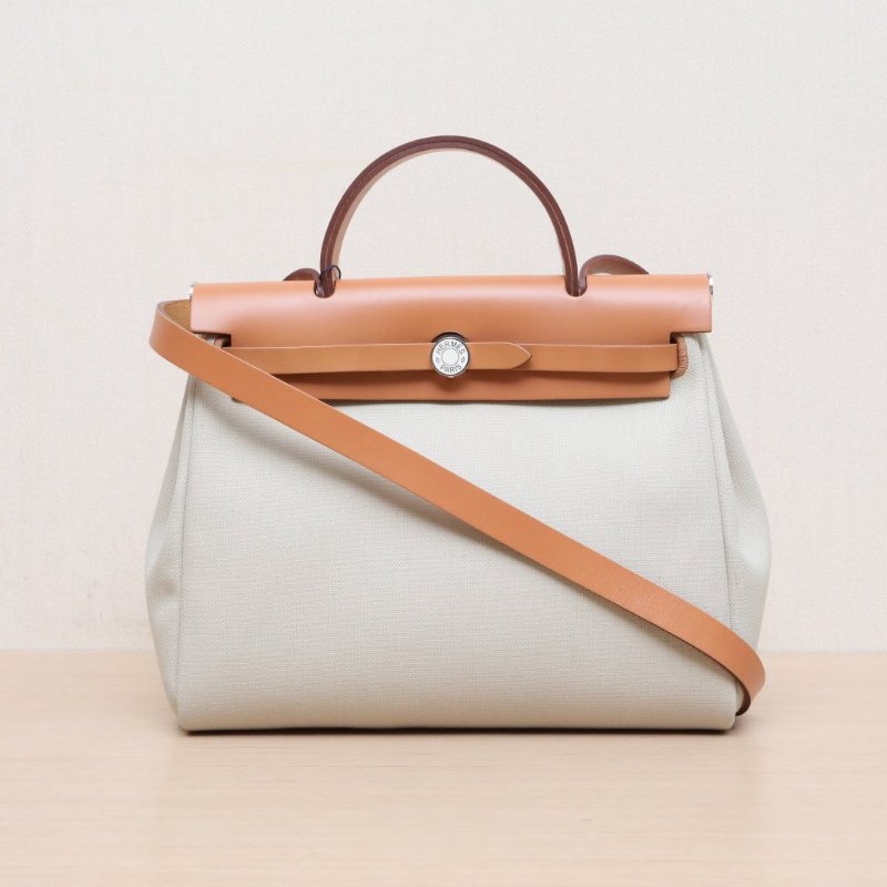 HERMES Herbag318L冰川白拼29Nature本色帆布/Hunter牛皮B刻銀扣肩背包-1