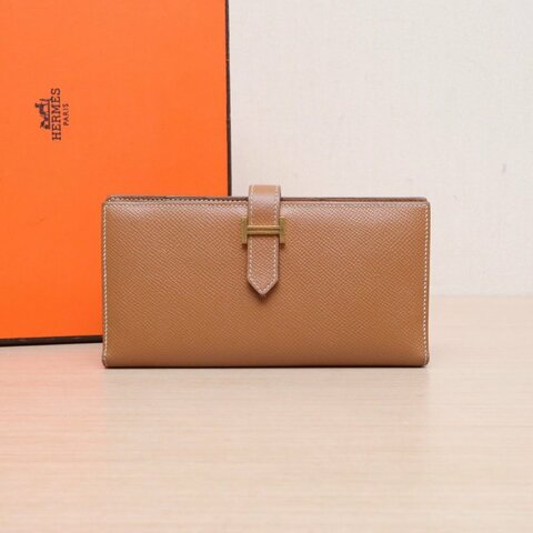 HERMES Bearn長錢包37金棕色Epsom皮X刻金扣肩背包