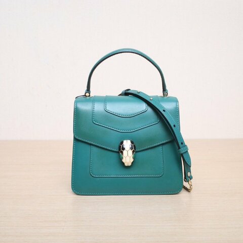 BVLGARI Serpentiforever風琴蛇頭包小號手柄款綠色牛皮肩背包