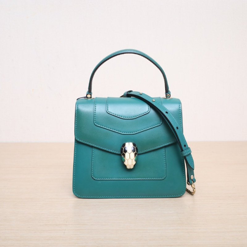 BVLGARI Serpentiforever風琴蛇頭包小號手柄款綠色牛皮肩背包-0