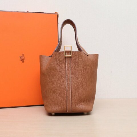 HERMES Picotin18菜籃子37金棕色TC皮Y刻金扣肩背包