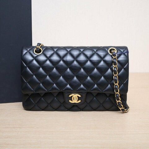 CHANEL CF口蓋包中號25.5黑色羊皮29開金扣菱格紋肩背包