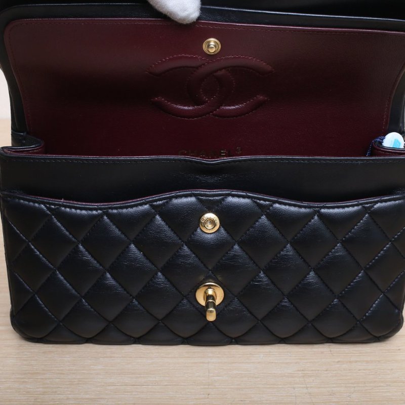 CHANEL CF口蓋包中號25.5黑色羊皮29開金扣菱格紋肩背包-3