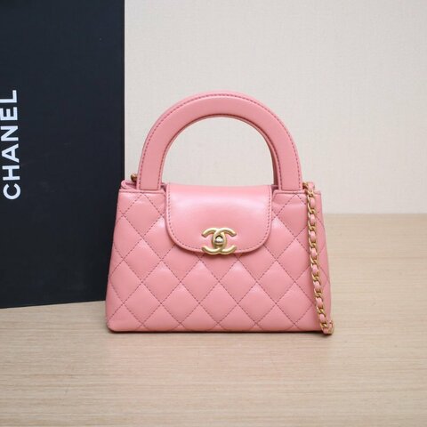 CHANEL 香奈兒季節款23KKelly鏈條手柄手提包珊瑚粉牛皮晶片開金扣肩背包