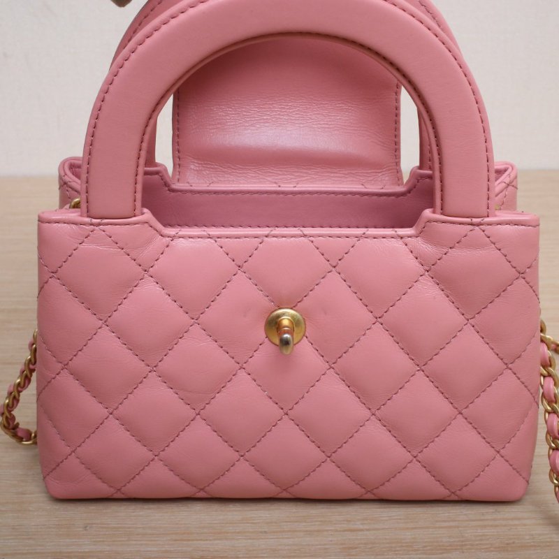 CHANEL 香奈兒季節款23KKelly鏈條手柄手提包珊瑚粉牛皮晶片開金扣肩背包-3