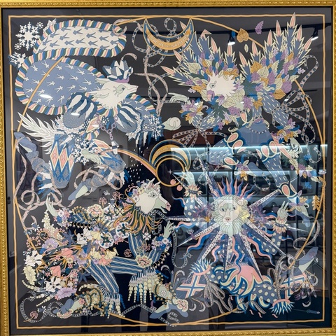 hermes藍色花樣馬戲團絲巾90X90