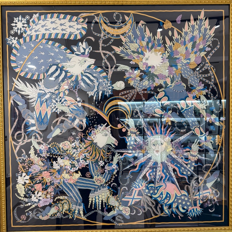 hermes藍色花樣馬戲團絲巾90X90-0