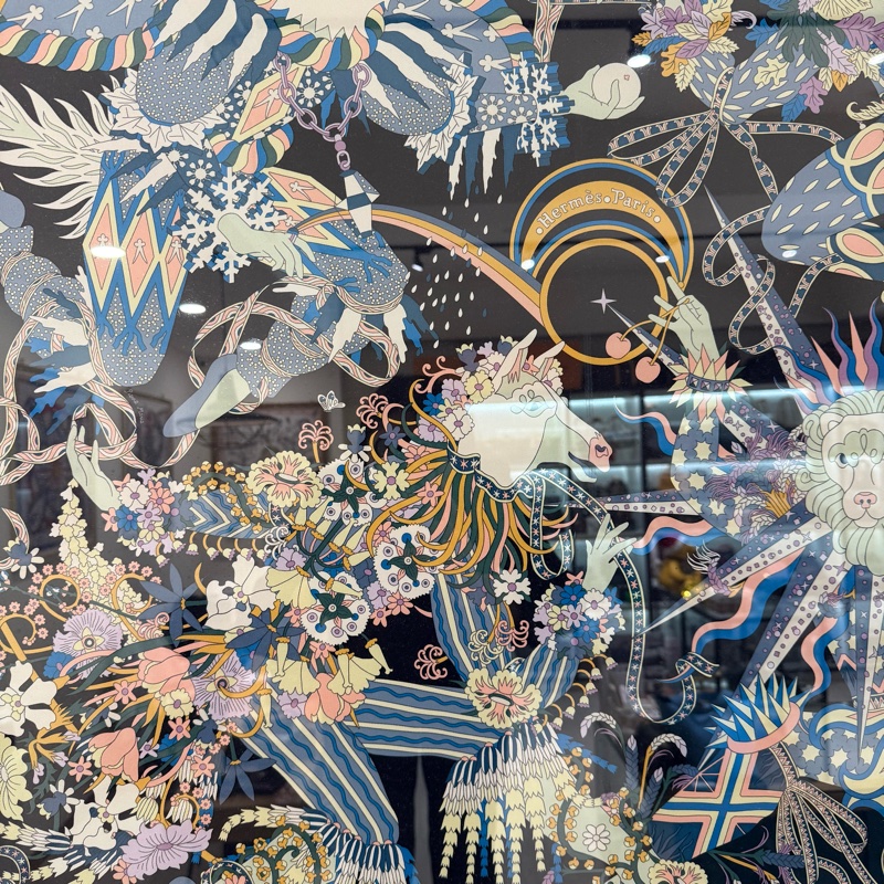 hermes藍色花樣馬戲團絲巾90X90-1