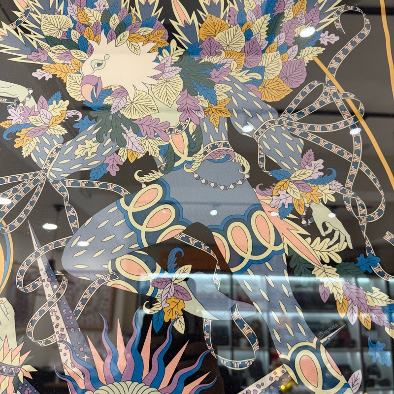 hermes藍色花樣馬戲團絲巾90X90-3