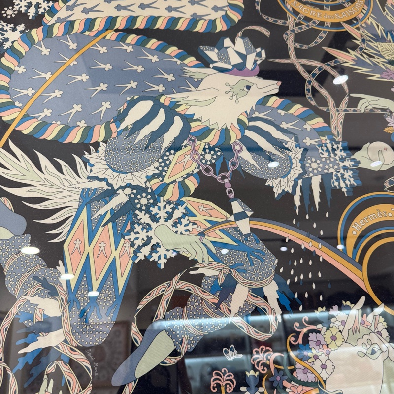 hermes藍色花樣馬戲團絲巾90X90-4