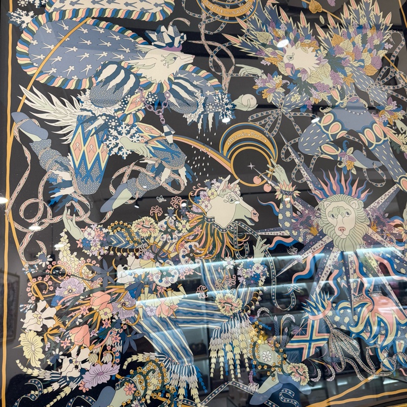 hermes藍色花樣馬戲團絲巾90X90-5