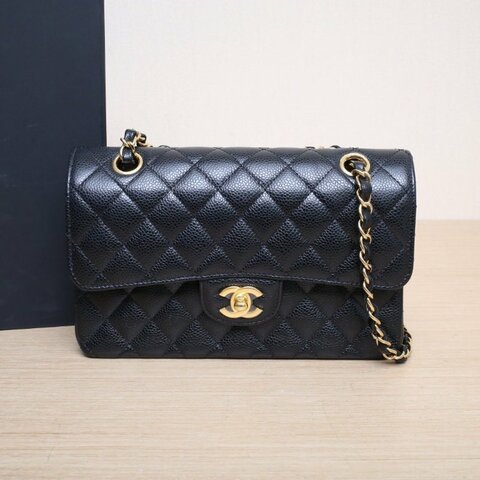 CHANEL CF口蓋包小號23黑色荔枝牛皮晶片開金扣菱格紋肩背包