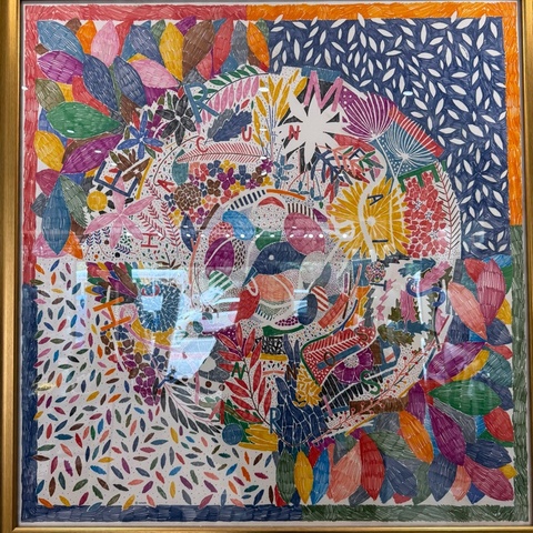 Hermes紅邊彩框白底彩色筆畫花卉綁巾