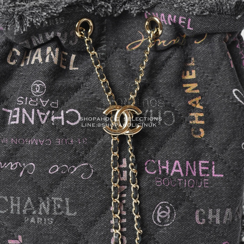 Chanel 22P黑色塗鴉牛仔水桶包大號AS3027-8