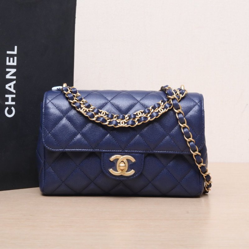 CHANEL 藍色荔枝牛皮晶片開金扣25PCF手柄口蓋包肩背包-0