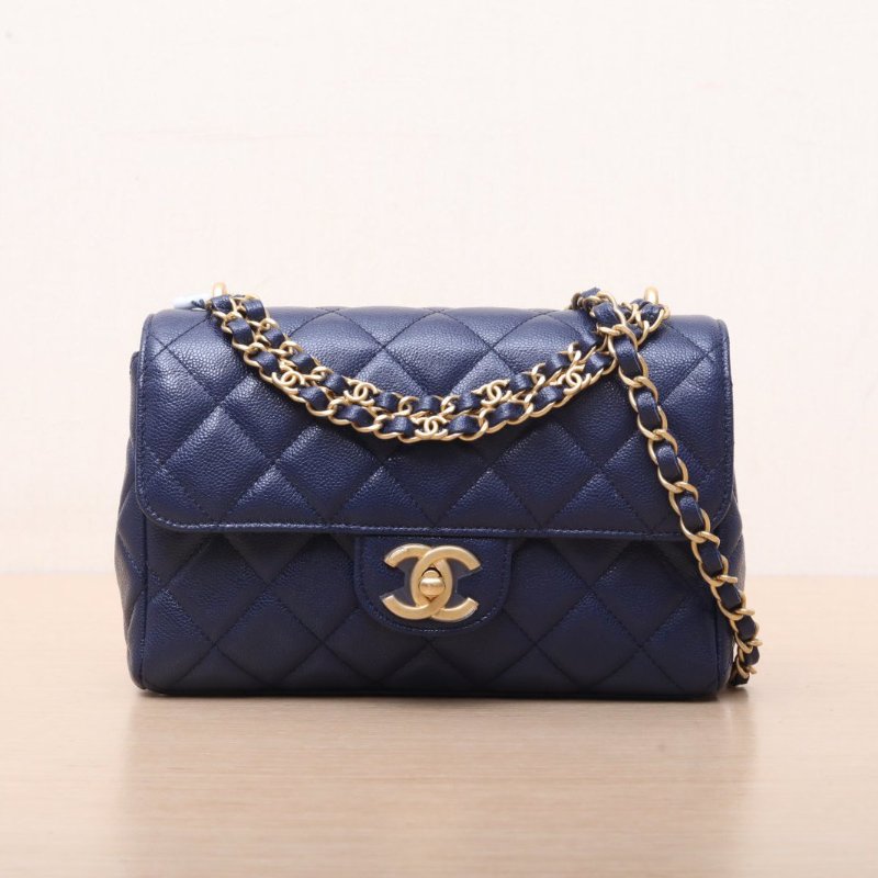 CHANEL 藍色荔枝牛皮晶片開金扣25PCF手柄口蓋包肩背包-1