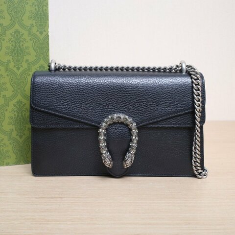 GUCCI Dionysus酒神中號28黑色牛皮鑽扣肩背包