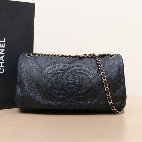 CHANEL 黑色牛皮11開金扣中古黑金機場包腋下包肩背包