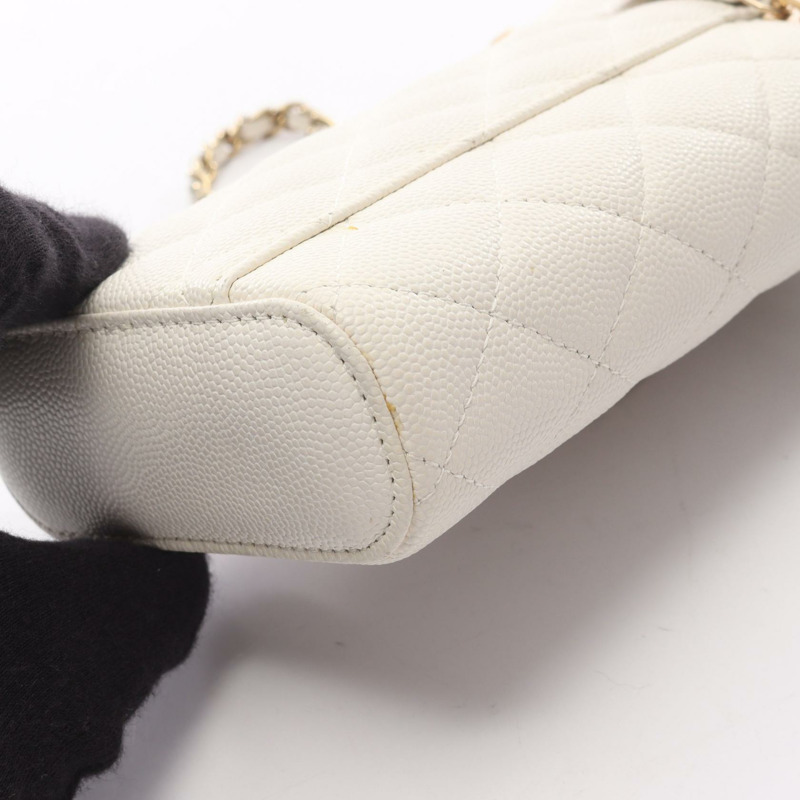 香奈兒 (CHANEL) Matelasse 手機包/肩背包,粒面小牛皮,白色,二手,金色五金-9