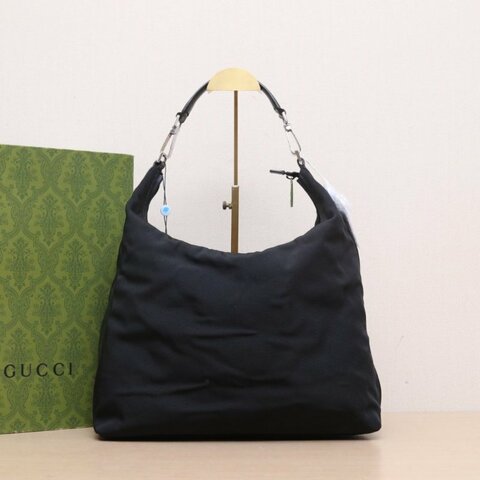GUCCI 黑色帆布銀扣腋下包HOBO包南瓜包肩背包