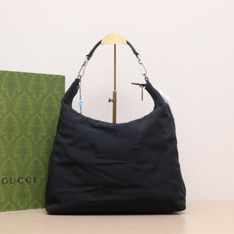 GUCCI 黑色帆布銀扣腋下包HOBO包南瓜包肩背包-0