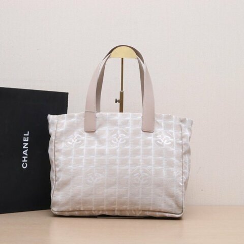 CHANEL 粉色帆布8開金扣冰格中古手提包肩背包