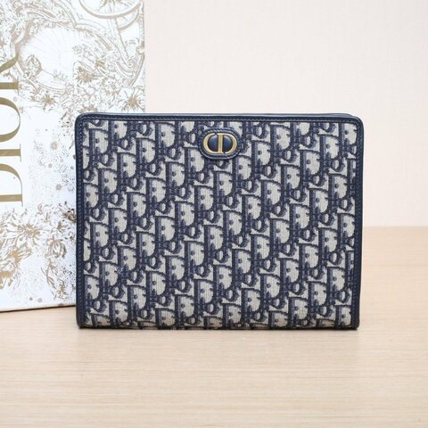 DIOR 藍色帆布金扣2021Oblique印花蒙田30洗漱包手拿包肩背包