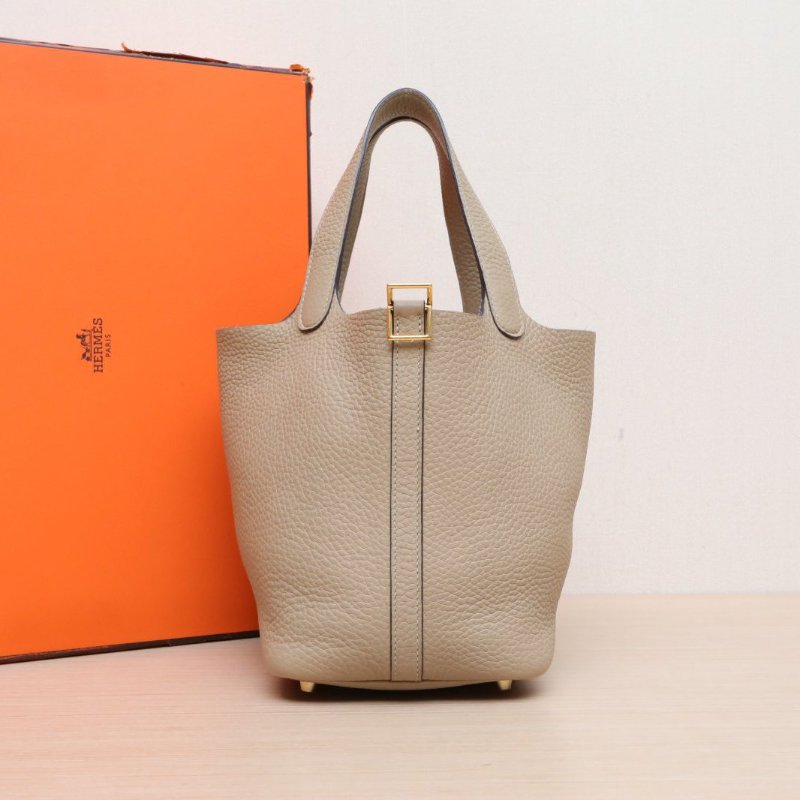 HERMES Picotin18菜籃子S2風衣灰TC皮Z刻金扣肩背包-0