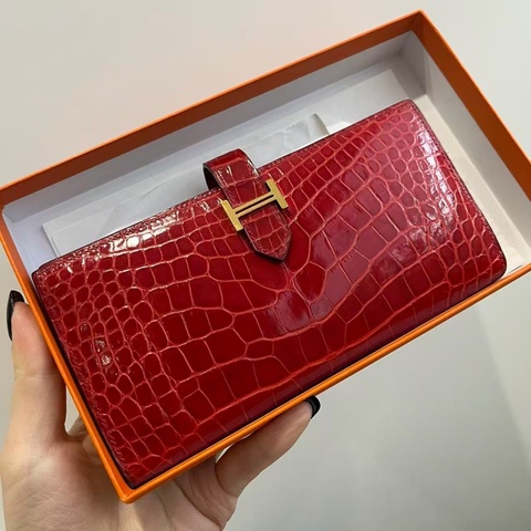 「JL精品代購」愛馬仕紅色金扣鱷魚皮bearn長夾