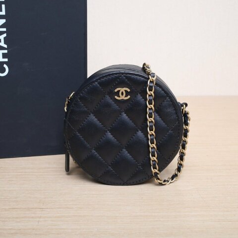 CHANEL 圓餅包經典Mini12黑色羊皮27開金扣肩背包