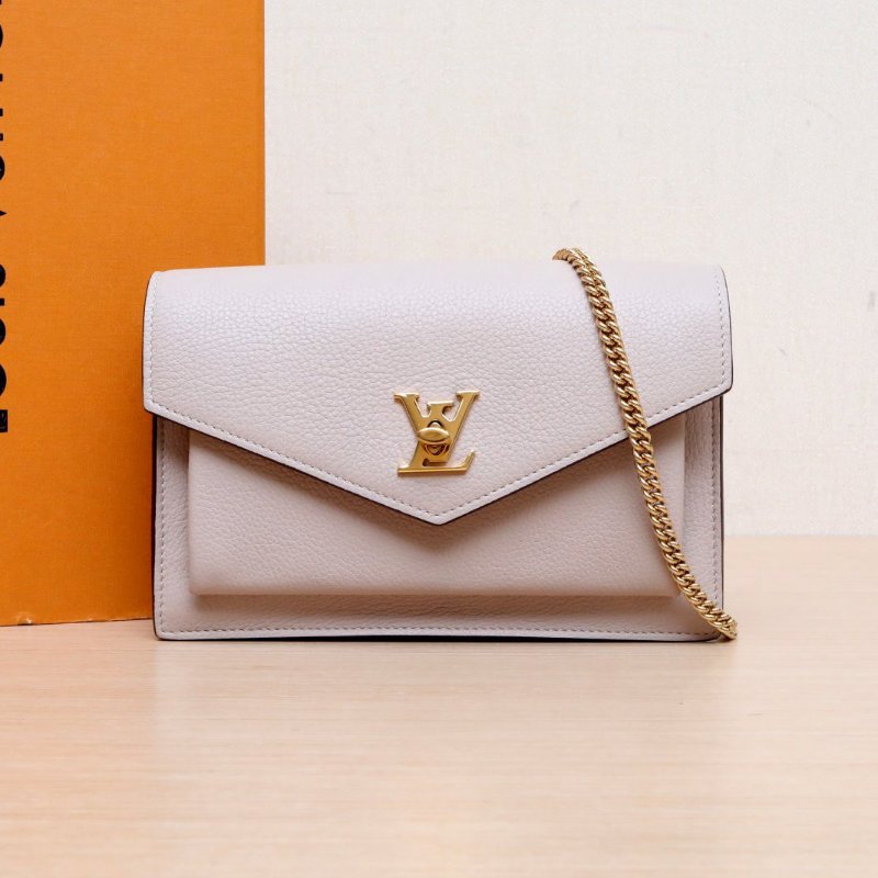 LOUIS VUITTON MyLockMe鏈條包WOC19灰粉色牛皮金扣晶片肩背包-0