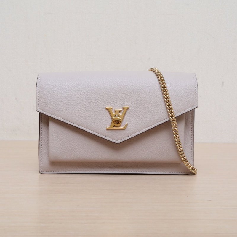 LOUIS VUITTON MyLockMe鏈條包WOC19灰粉色牛皮金扣晶片肩背包-1