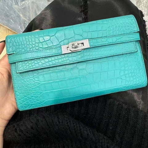 「JL精品代購」愛馬仕孔雀藍銀扣啞光鱷魚皮kelly錢包 方塊鱷