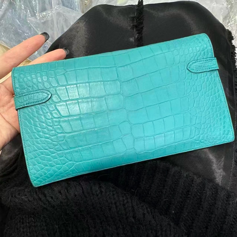 「JL精品代購」愛馬仕孔雀藍銀扣啞光鱷魚皮kelly錢包 方塊鱷-1