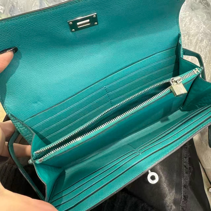 「JL精品代購」愛馬仕孔雀藍銀扣啞光鱷魚皮kelly錢包 方塊鱷-2