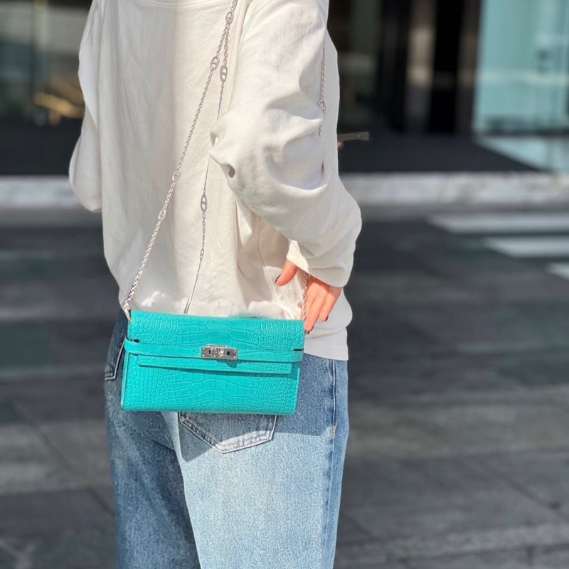 「JL精品代購」愛馬仕孔雀藍銀扣啞光鱷魚皮kelly錢包 方塊鱷-3