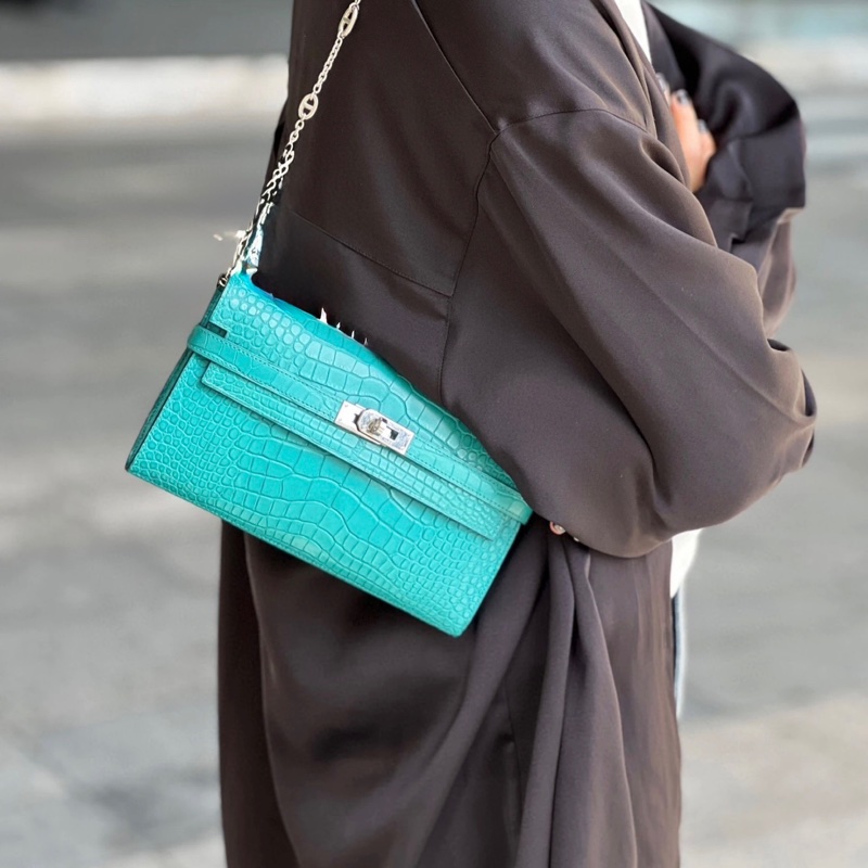 「JL精品代購」愛馬仕孔雀藍銀扣啞光鱷魚皮kelly錢包 方塊鱷-4