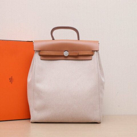 HERMES HERBAGadoszip雙肩包14米色CrissViking編織帆布/Hunter牛皮Z刻銀扣肩背包