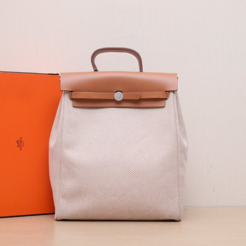 HERMES HERBAGadoszip雙肩包14米色CrissViking編織帆布/Hunter牛皮Z刻銀扣肩背包-0