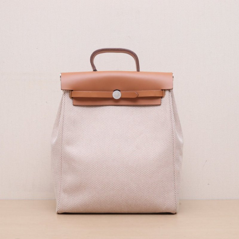 HERMES HERBAGadoszip雙肩包14米色CrissViking編織帆布/Hunter牛皮Z刻銀扣肩背包-1