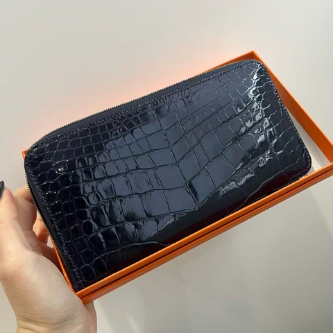 「JL精品代購」 愛馬仕海軍藍鱷魚皮Azap Long拉鏈長夾