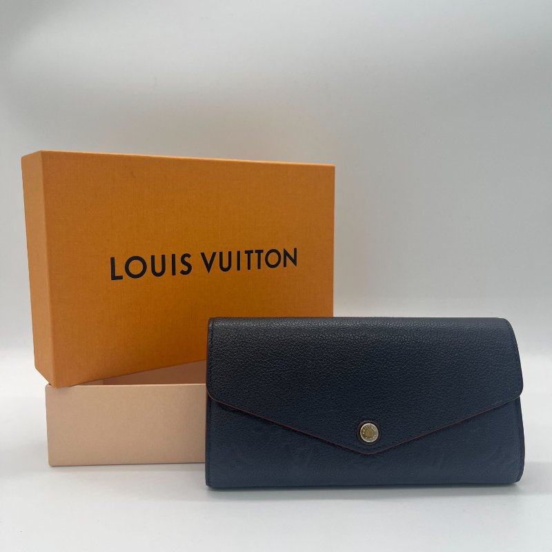 Louis Vuitton 路易威登 Sarah 經典花紋 海軍藍 牛皮 壓紋 扣式長夾-0