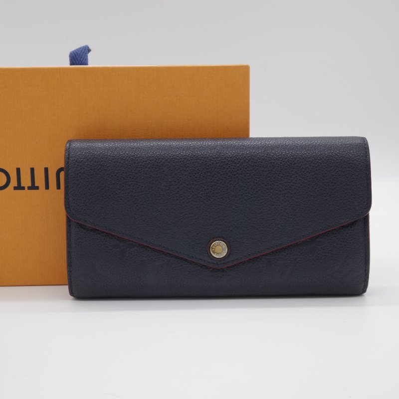 Louis Vuitton 路易威登 Sarah 經典花紋 海軍藍 牛皮 壓紋 扣式長夾-0