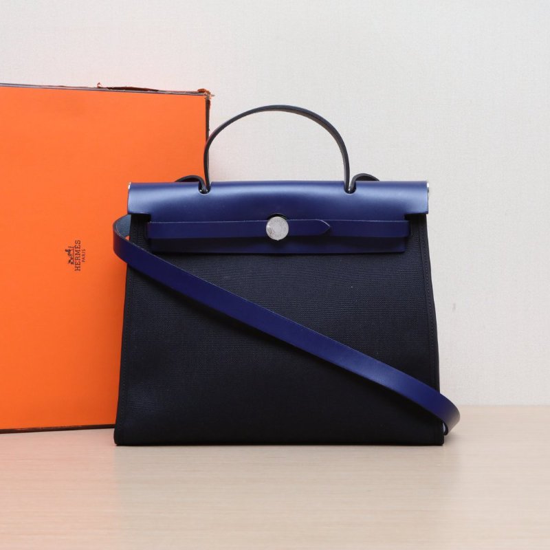 HERMES Herbag3189黑色拼73寶石藍帆布/Hunter牛皮Y刻銀扣肩背包-0
